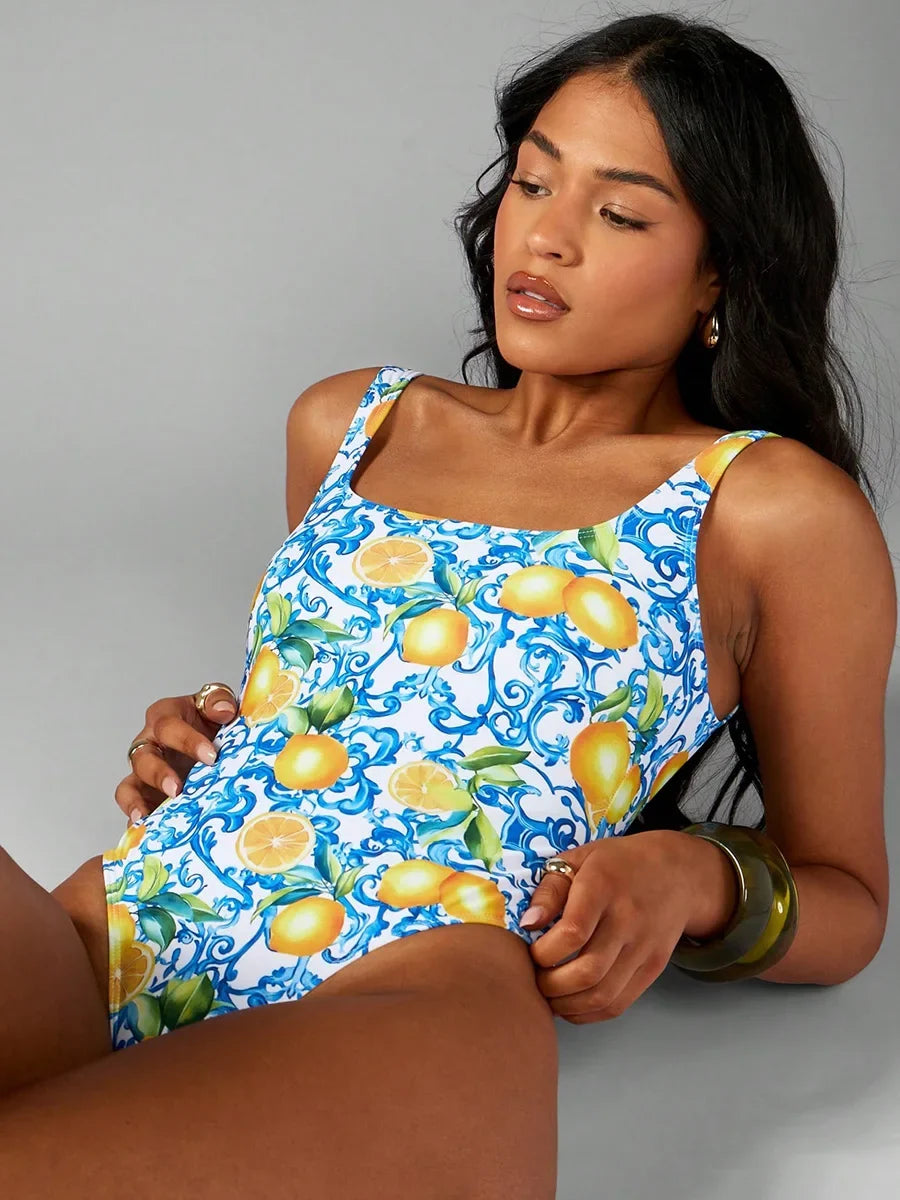 S - XL Lemon Printed Backless Women Swimwear One Piece Swimsuit Female Monokini High Cut Leg Bather Bathing Suit Swim Bodysuit