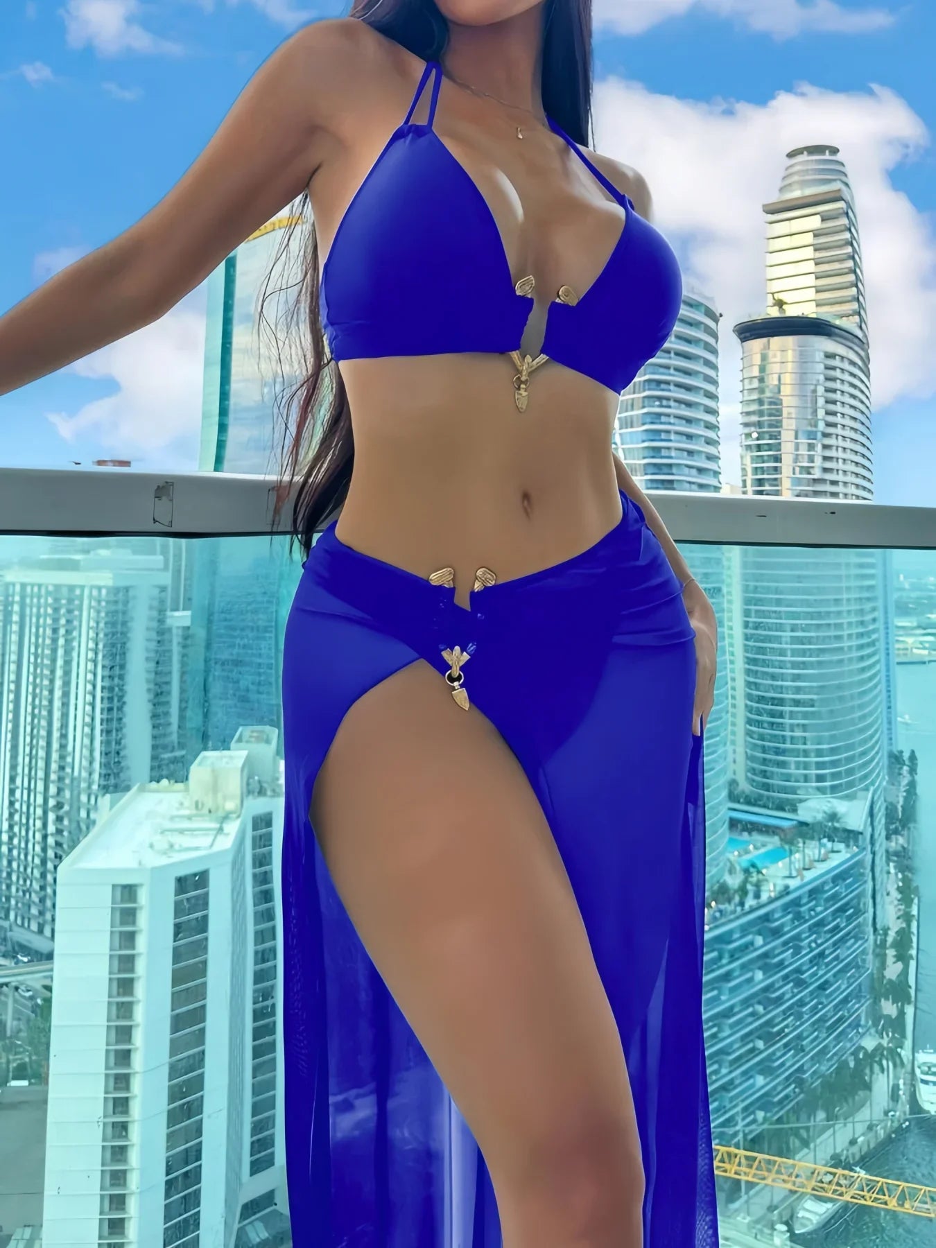 3 Pieces Halter Bikinis 2026 Solid Swimwear Female Sexy Swimsuit Women With Mesh Beach Dress Bathers Bathing Swimming Swim Suit
