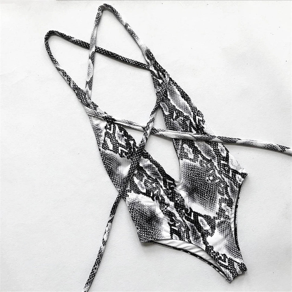 Long Strap Wrap Around Swim Suit For Women Swimwear One Piece Swimsuit Female Bather Snake Print Bathing Suit Beach V852SW