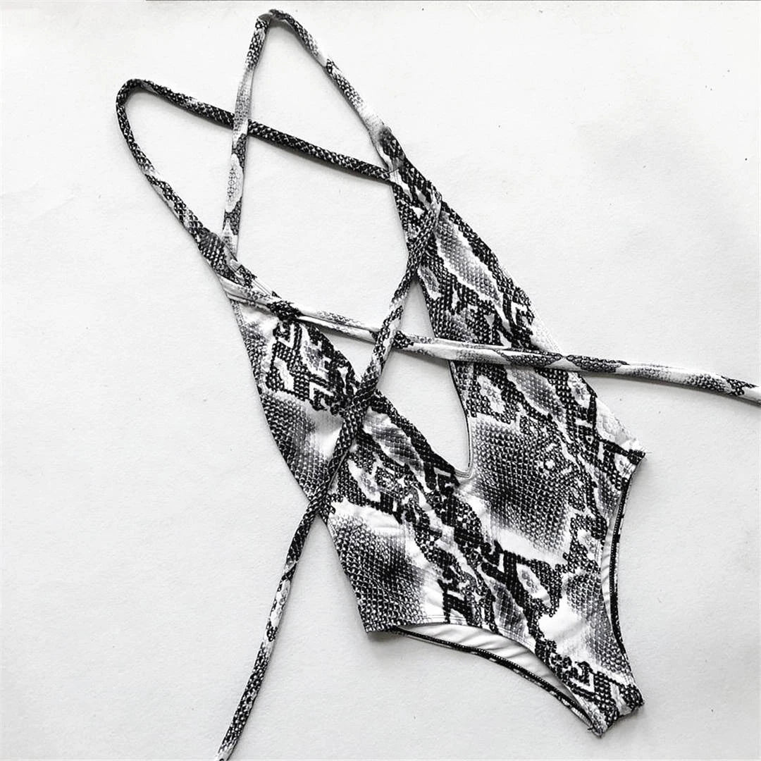 Long Strap Wrap Around Swim Suit For Women Swimwear One Piece Swimsuit Female Bather Snake Print Bathing Suit Beach V852SW