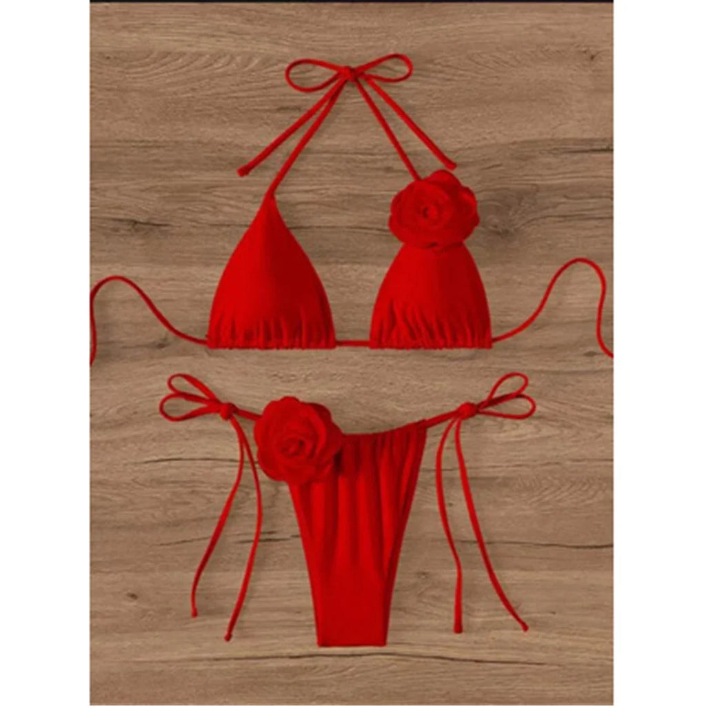 S - XL Sexy 3D Flowers Halter Strappy Bikini Women Swimwear Female Swimsuit Two-Pieces Bikini Set Bather Bathing Suit Swim V5297