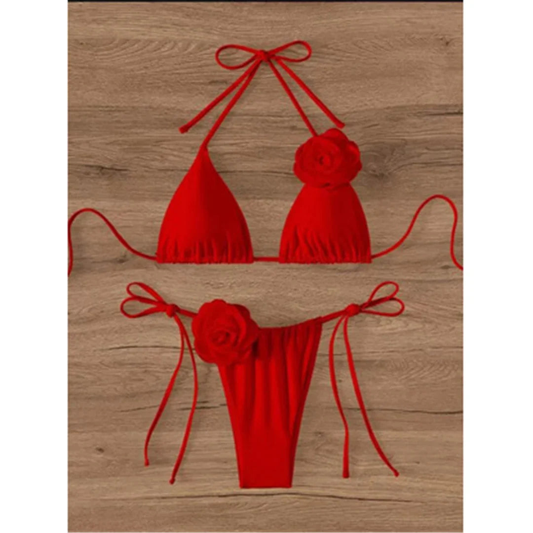 S - XL Sexy 3D Flowers Halter Strappy Bikini Women Swimwear Female Swimsuit Two-Pieces Bikini Set Bather Bathing Suit Swim V5297