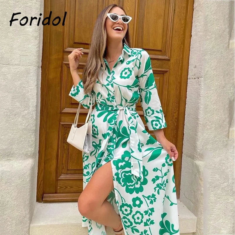 Foridol Casual Button Up Shirt Dress Maxi Long Women Dress Robe Floral Print Green Boho Autumn Winter Sash Laides Dress 2025