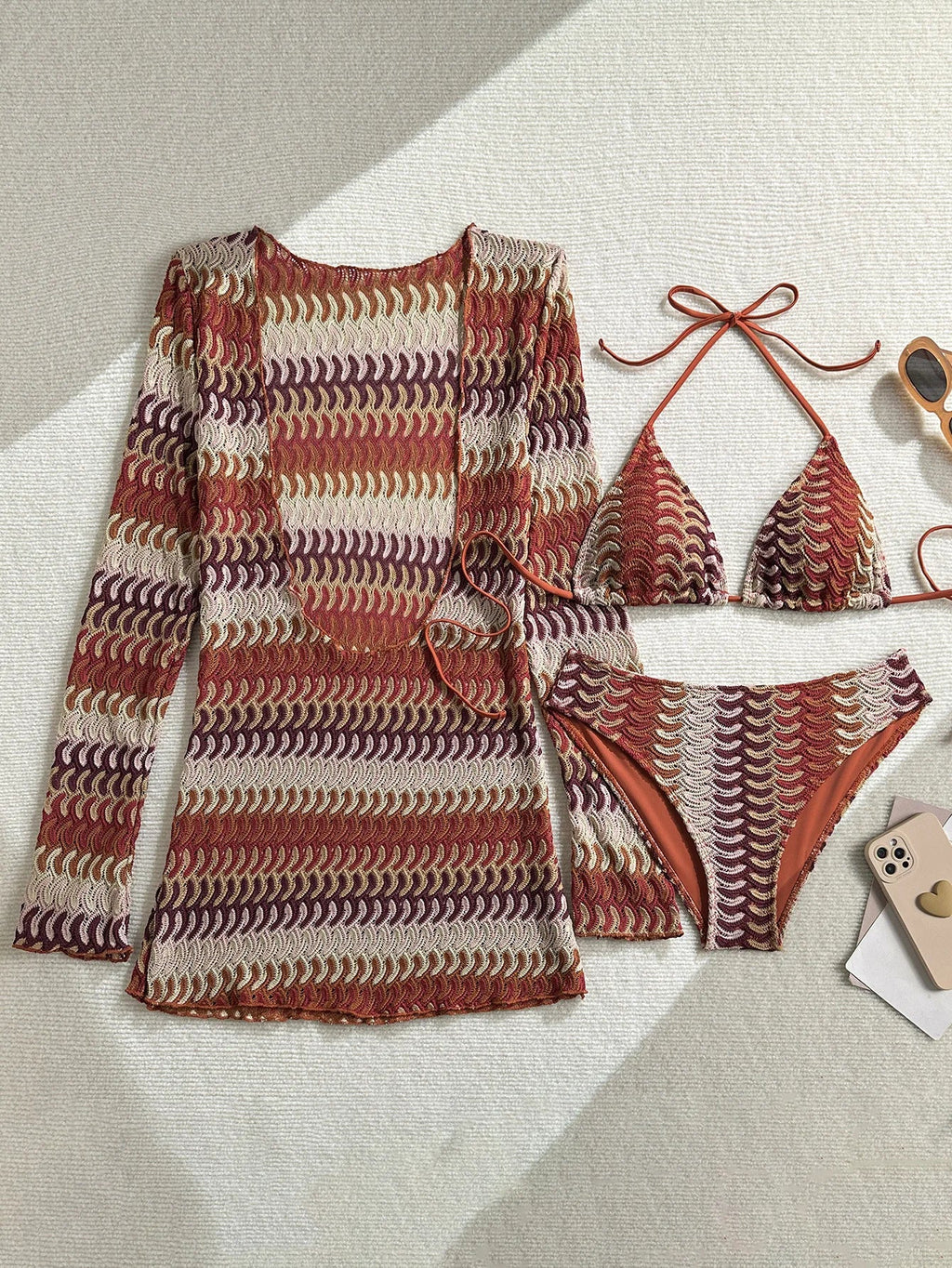 Print With Long Sleeve Cover Up Bikini Women Swimsuit Female Swimwear Three-pieces Bikini Set Bather Bathing Suit Swim Beachwear