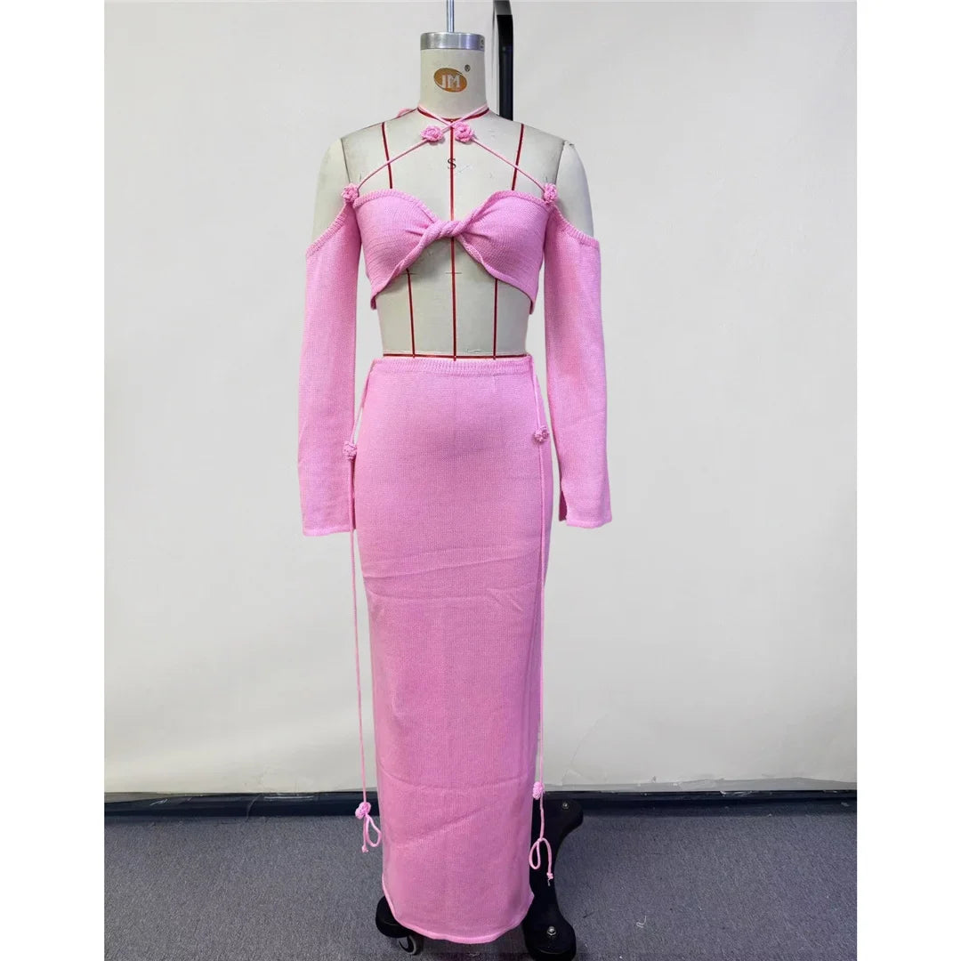 Sexy Knitted Sling Long Skirts Woman's Set Casual Slim Solid Lace Up Tube Tops Slit Skirt Sets Female Summer Beach Dress V6187