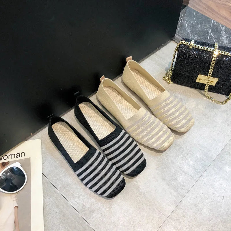 Spring and Autumn Flat Shoes Fashion Leisure Women's Flat Shoes Square Toe Knitting Elastic Comfortable Slip-on Boutique Shoes