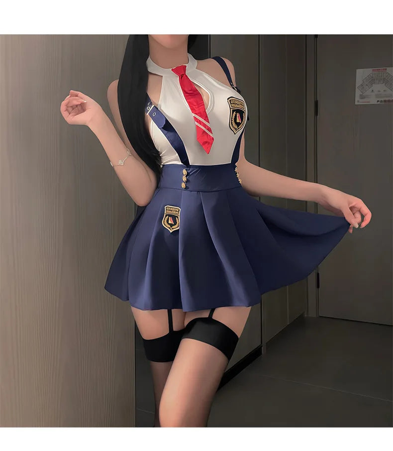 Sexy Student Skirt Sets Hanging Neck Tie JK Campus Short Backless Deep V Suspenders Sleeveless Skirt Sets For Women Elegant EMYH