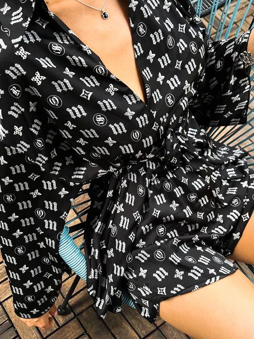 Marthaqiqi Fashion Ladies Nightgowns Suit Turn-Down Collar Robe Lace Up Pajama Long Sleeve Sleepwear Shorts Printing Nightie Set