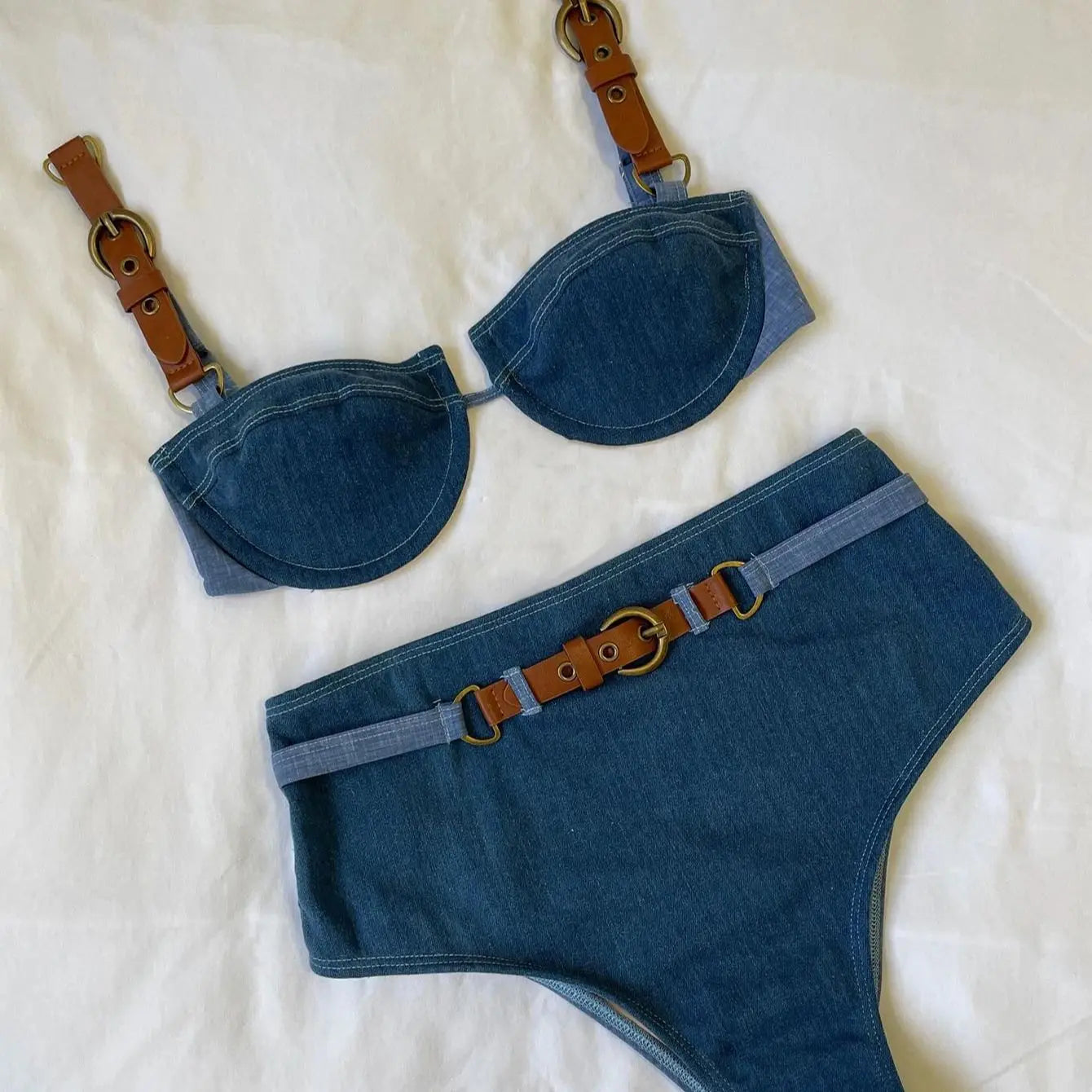 2025 Denim Bikini Set Cowgirl Style with Leather Straps Metal Buckles Perfect for Pool Parties Summer Getaways Poolside Glamour