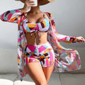 New Women's 3 Pieces Swimsuit Allover Print Tankini+Long Gauze Coat Cover-Up Swimwear High Waist Shorts Bathing Suit Beachwear