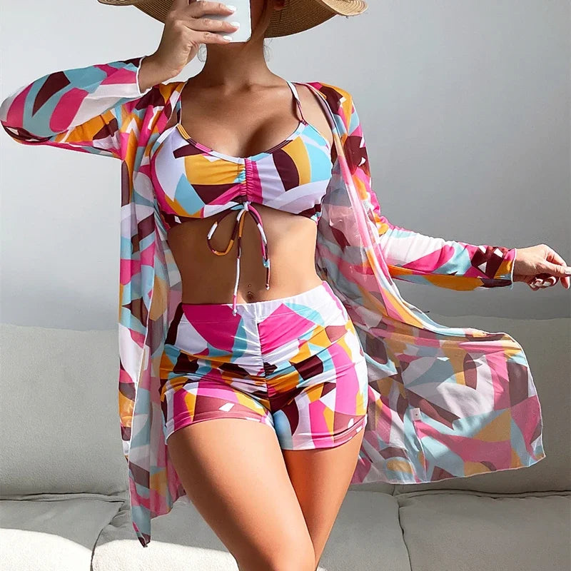 New Women's 3 Pieces Swimsuit Allover Print Tankini+Long Gauze Coat Cover-Up Swimwear High Waist Shorts Bathing Suit Beachwear