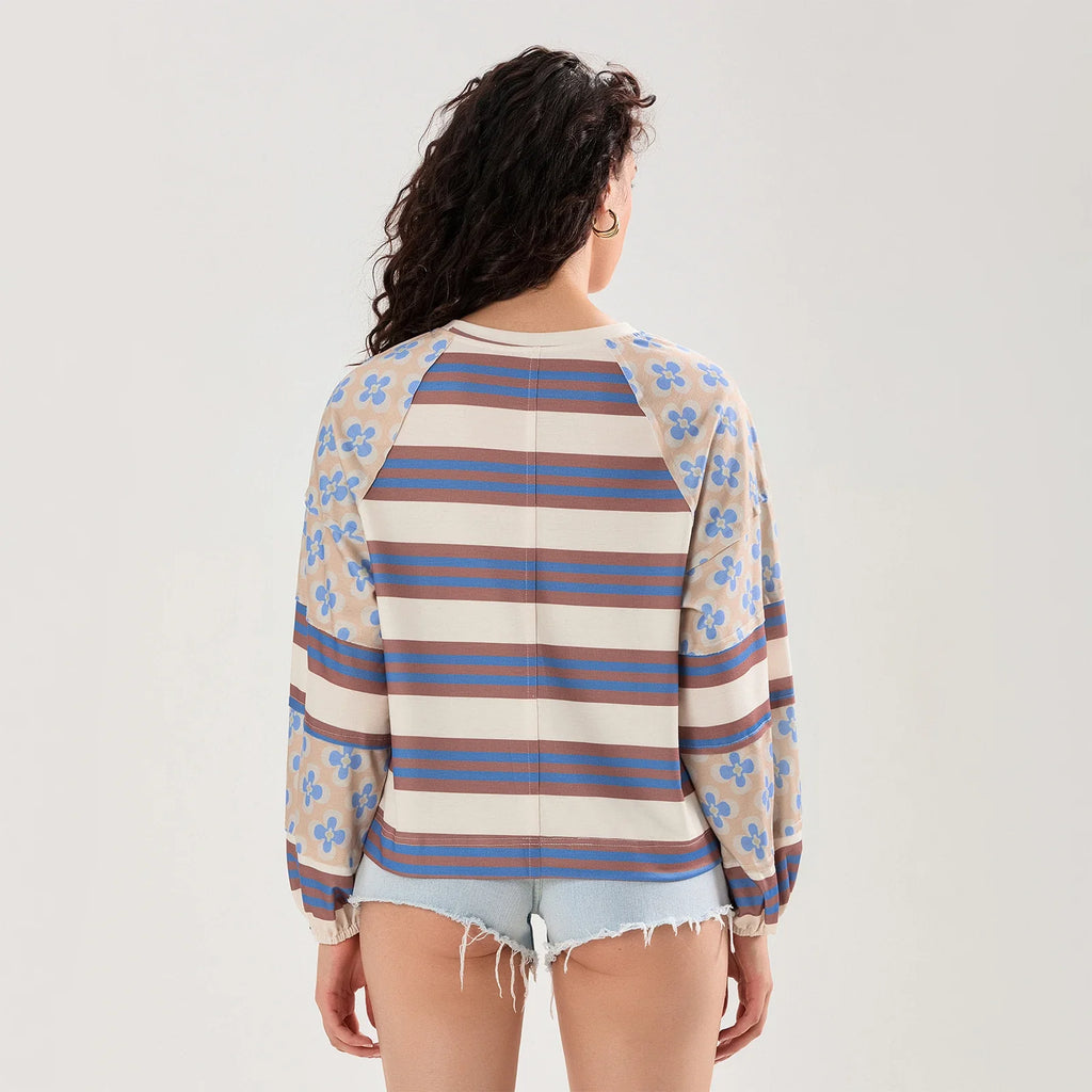 Loose Knitted Tops Women Contrast Color Stripe Floral Print Long Sleeve Pullovers Fall Winter Casual Jumpers