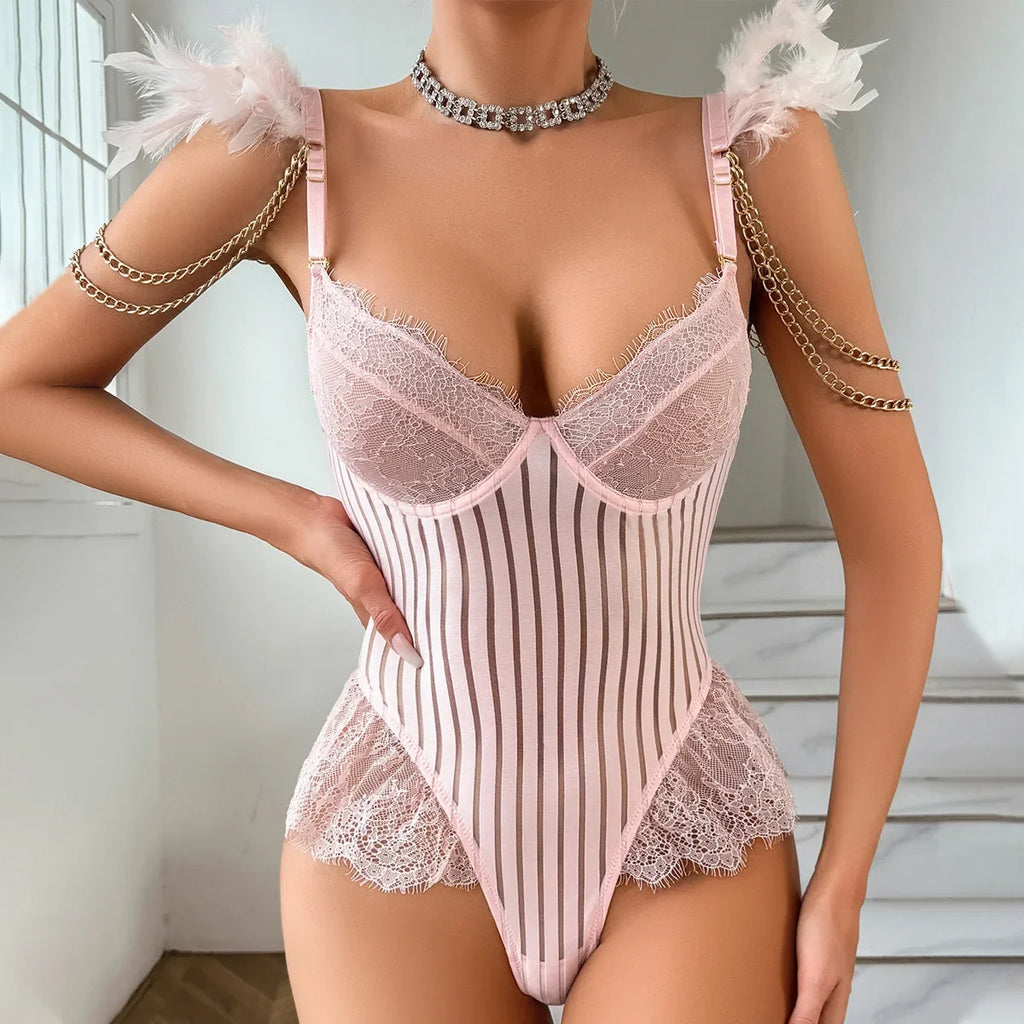 Fashionable New Sexy Lace Spliced Flower Embroidery Mesh Backless Deep V Suspenders Sleeveless Bodysuits Charming Casual H2F1