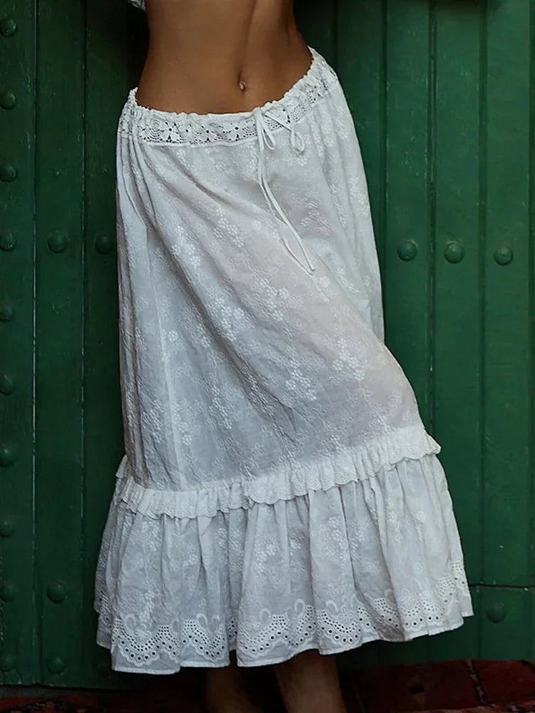 White Cotton Summer Skirt Women Embroidery A-line Long Skirt Spring Lace Up Beach Bobho Skirt Bottoms High Quality Faldas Mujer