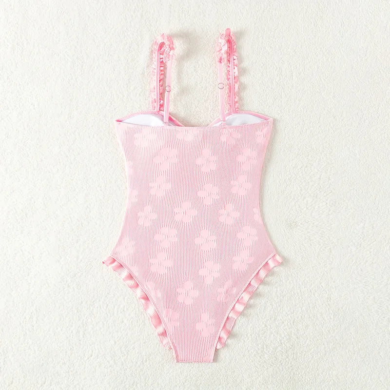 Light Pink One Piece Swimsuit for Women High Waist Hollow Out Ruffle Suspender Backless Monokini Bikini Beach Swimwear 2024 New