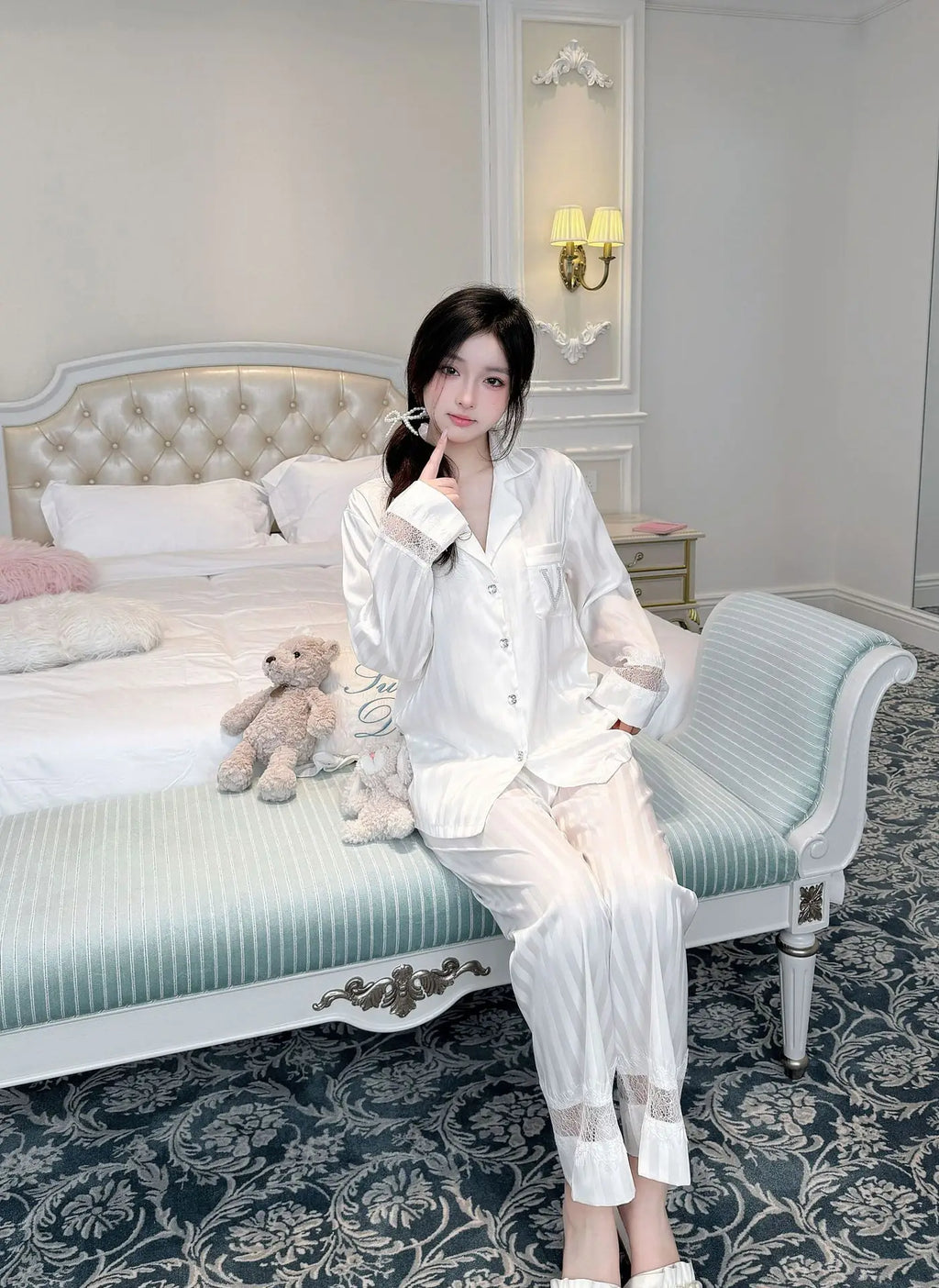 Lace splicing light luxury pajamas for women long-sleeved ice silk silk early spring comfortable home wear set
