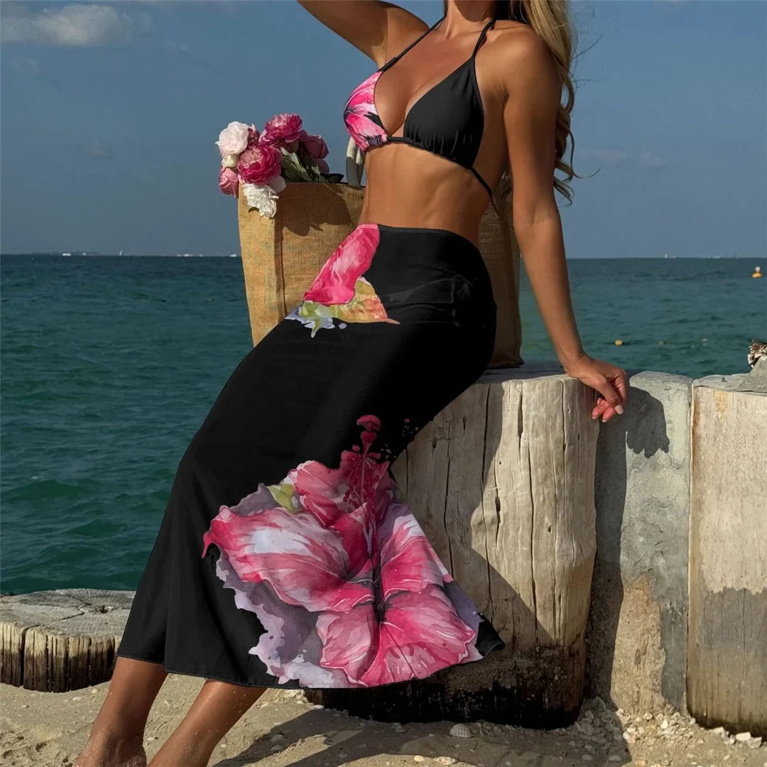 10 Color Flowers Halter Bikini Female Swimsuit Women Swimwear Three-pieces Bikini set With Skirt Bather Bathing Suit Swim V6637C