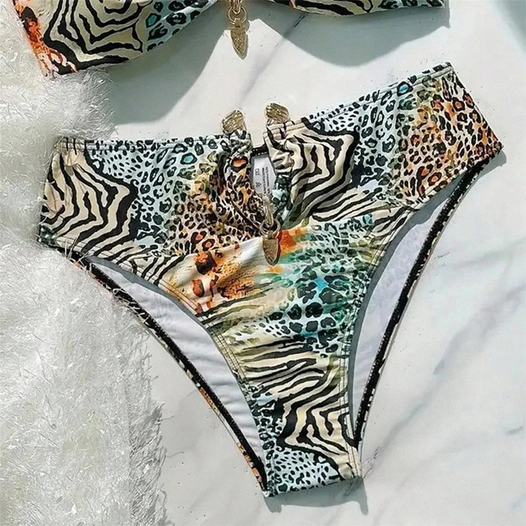 S - XL Sexy Leopard Printed Bandeau Bikini Female Swimsuit Women Swimwear Two-Pieces Bikini Set Bather Bathing Suit Swim V7541