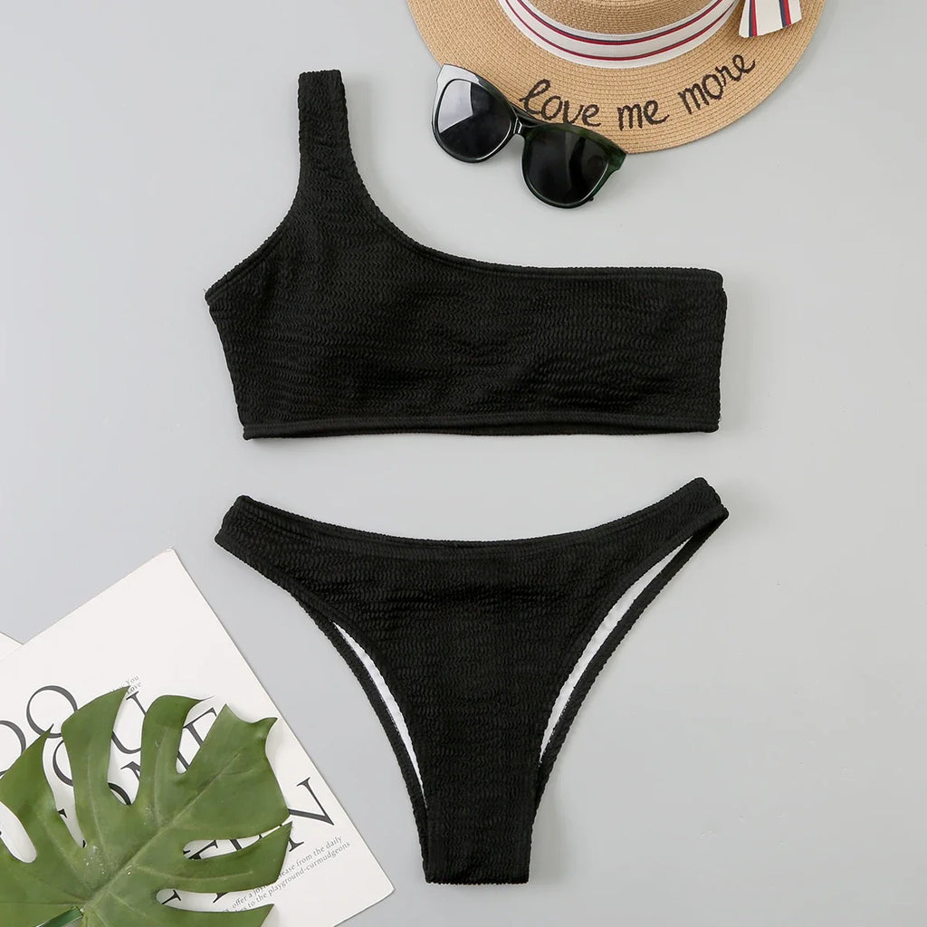 One Shoulder Bikinis 2026 Women Sexy Swimwear Female Brazilian Swimsuit Solid Beachwear Bathers Bathing Swimming Swim Suit