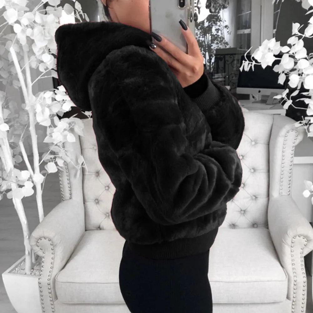 Phantasy Women's Hoodies Women Clothing Streetwear New Style Fashion Hooded Imitation Fur Plush Coat Solid Color Jacket Female
