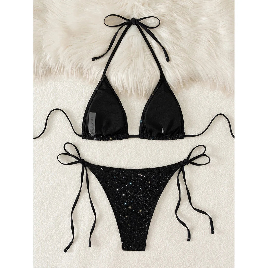 Glitter Sparkling Halter High Leg Cut Bikini Female Swimsuit Women Swimwear Two-pieces Bikini set Bather Bathing Suit Swim V5501
