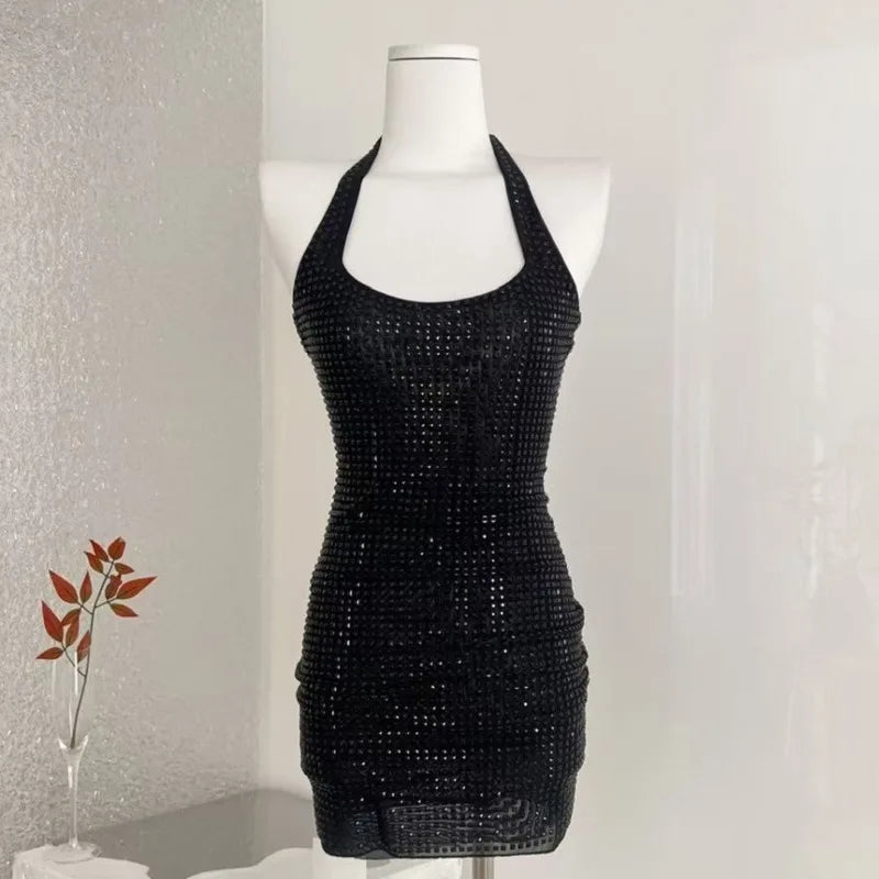 2026 Spring New Sexy Shinestone Halter Neck Backless Slim Fit Waist-Cinching Bodycon Dress Pure Desire Charming Pure Desire FJZ8