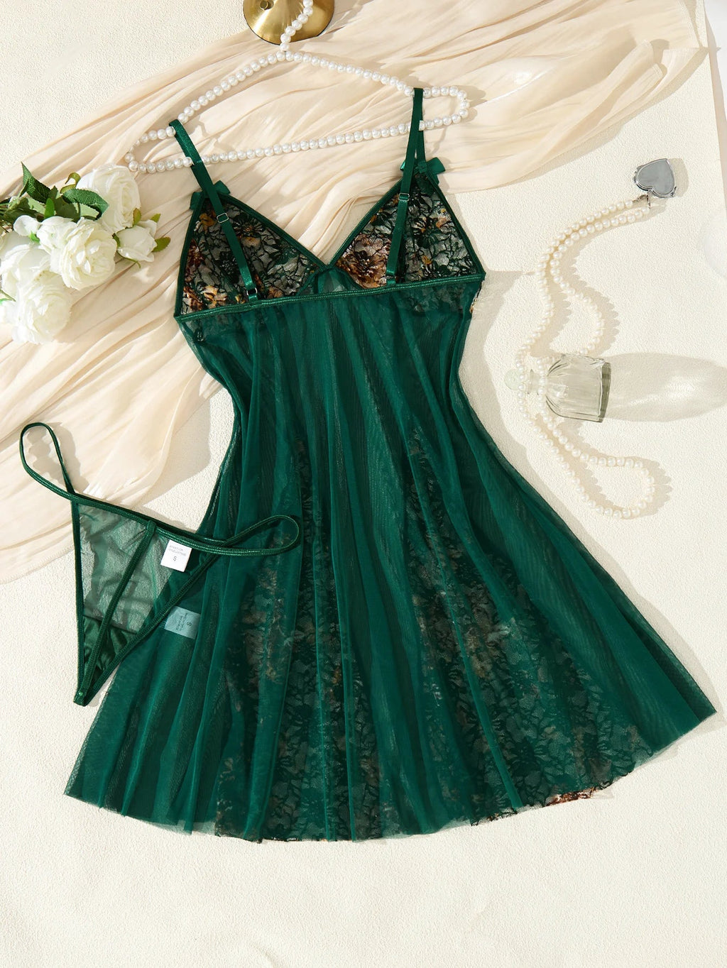 Green Floral Lace Split Sheer Mesh Babydoll Lingerie Set Slip Nightdress With Matching Thong Women Sexy Sleepwear ZA825071
