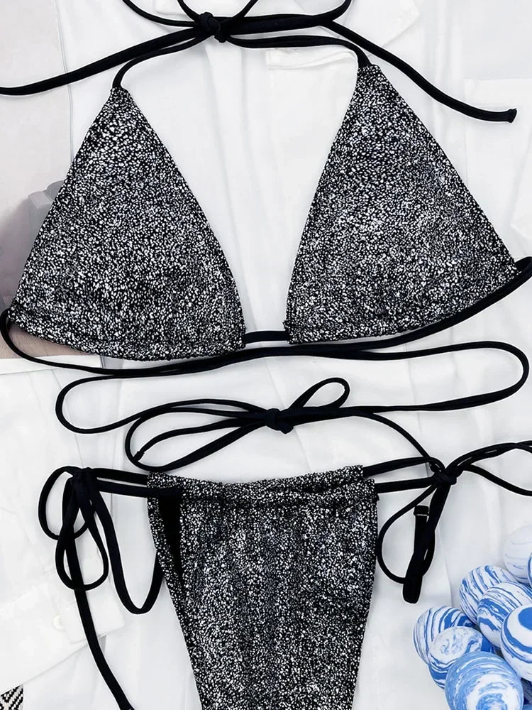 Shiny Sparkling Wrap Around Bikini Female Swimsuit Women Swimwear Two-pieces Bikini Set Mini Micro Thong Bathing Suit Swim Lady