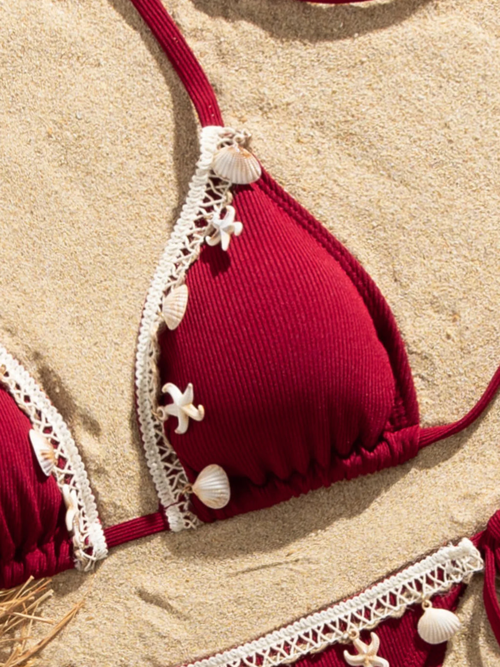 Shell Decoration Halter String Strappy Bikini Women Swimwear Female Swimsuit Two-pieces Bikini Set Ribbed Bathing Suit Swim Lady