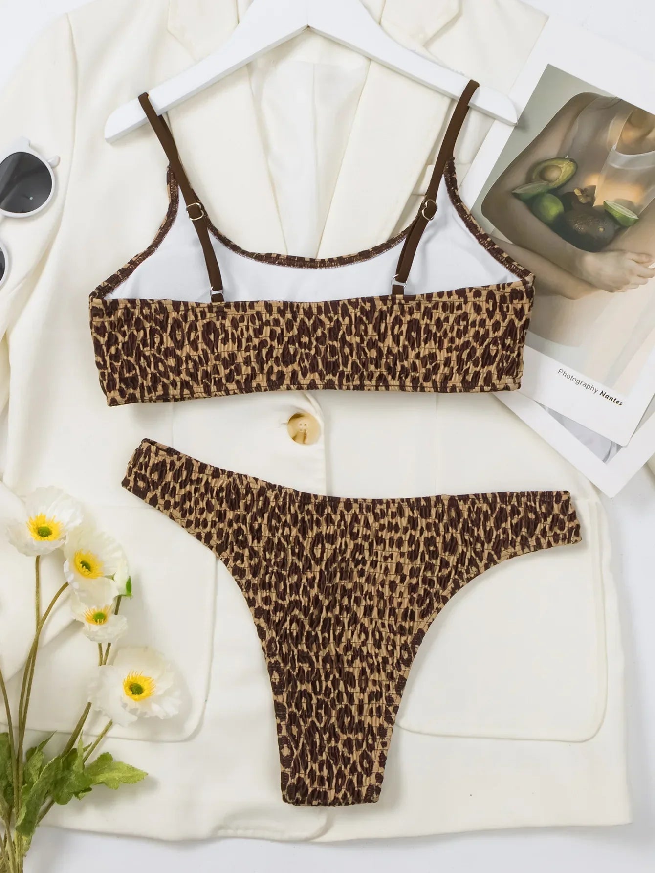 Sexy Wrinkled Bandeau Leopard Print Bikinis Sets Two Pieces Thong Swimsuits Beachwear Bathing Suit Swimwear Biquini