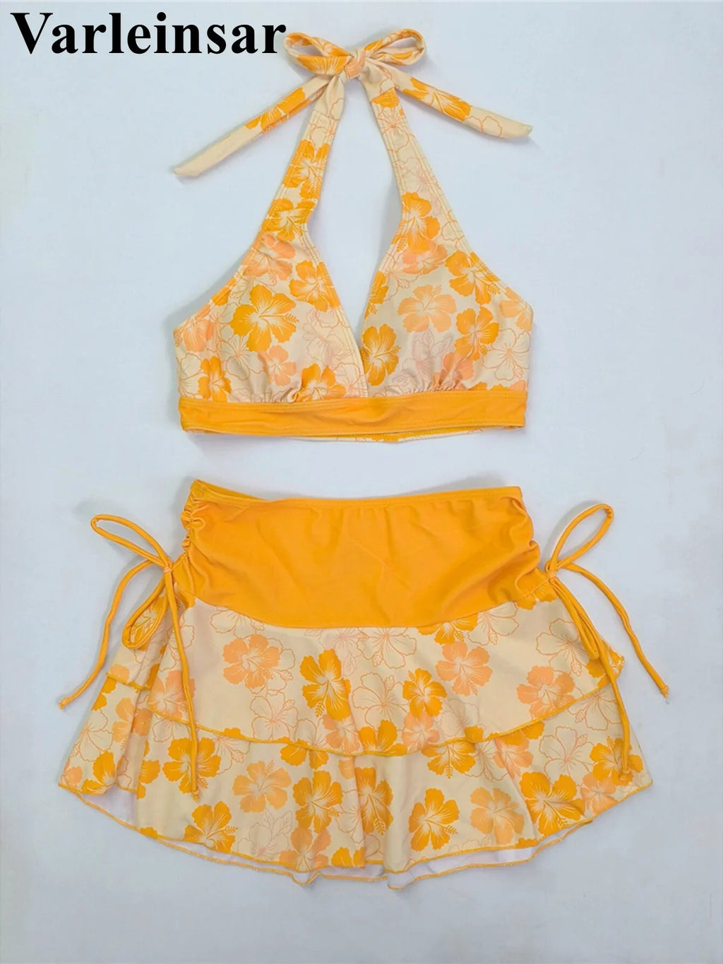 S - XL With Skirt Printed Halter Bikini Female Swimsuit Women Swimwear Three-Pieces Bikini Set Bather Bathing Suit Swim V8230