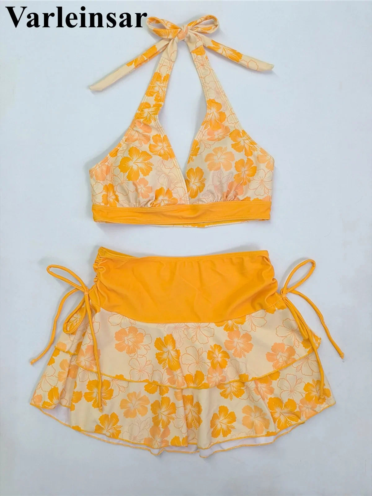 S - XL With Skirt Printed Halter Bikini Female Swimsuit Women Swimwear Three-Pieces Bikini Set Bather Bathing Suit Swim V8230