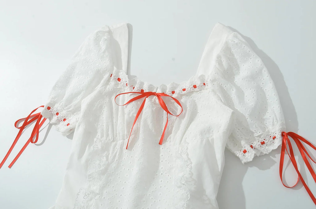 Foridol Bowknot White Summer Women's Dresses 2025 Square Collar Cotton Hollow Out Short Dress New in Vintage Beach Dress