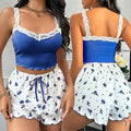 Blue 2-Piece Home Lingerie Pajamas For Women Comfortable And Elegant Summer Bedroom Wear A Tight-fitting Top+Printed Shorts Sets