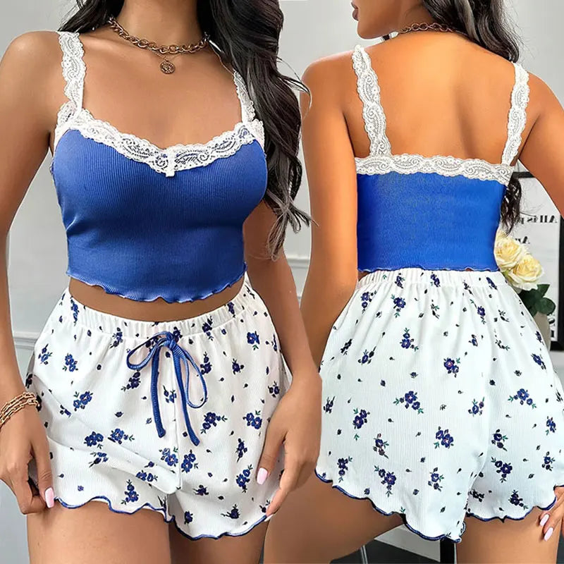 Blue 2-Piece Home Lingerie Pajamas For Women Comfortable And Elegant Summer Bedroom Wear A Tight-fitting Top+Printed Shorts Sets