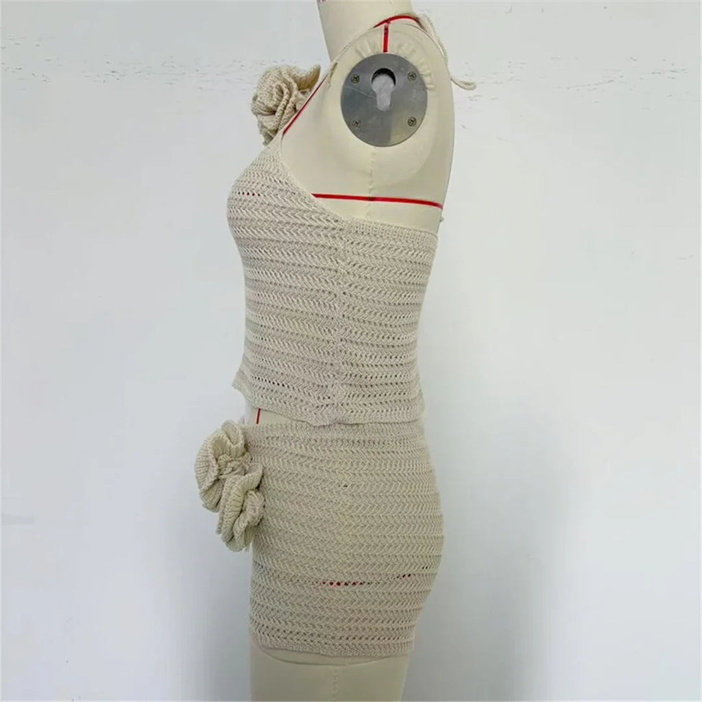 3D Flowers Halter Crochet Knitted 2 Pieces Suits Beach Cover Up Cover-ups Beach Shorts Beach Wear Beachwear Female Women K6598