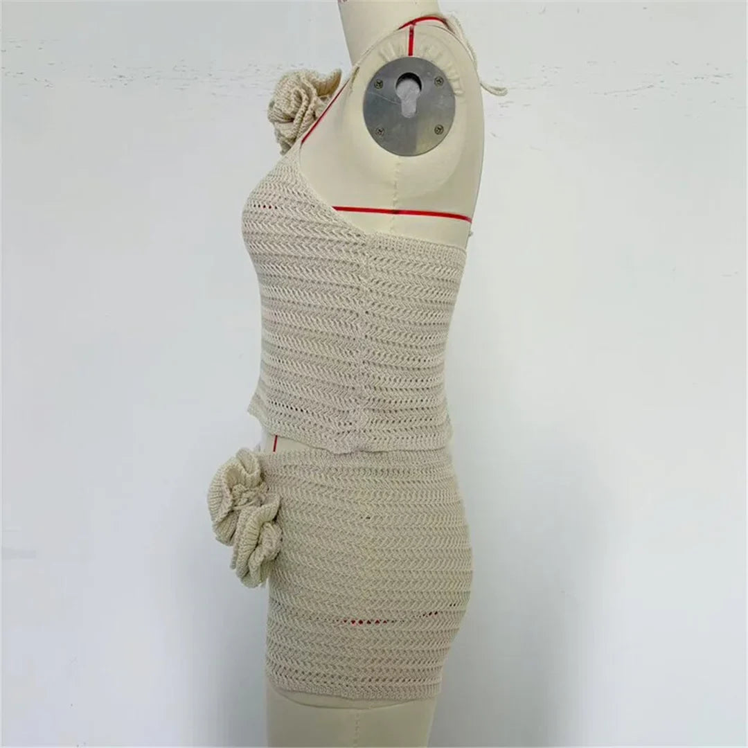 3D Flowers Halter Crochet Knitted 2 Pieces Suits Beach Cover Up Cover-ups Beach Shorts Beach Wear Beachwear Female Women K6598