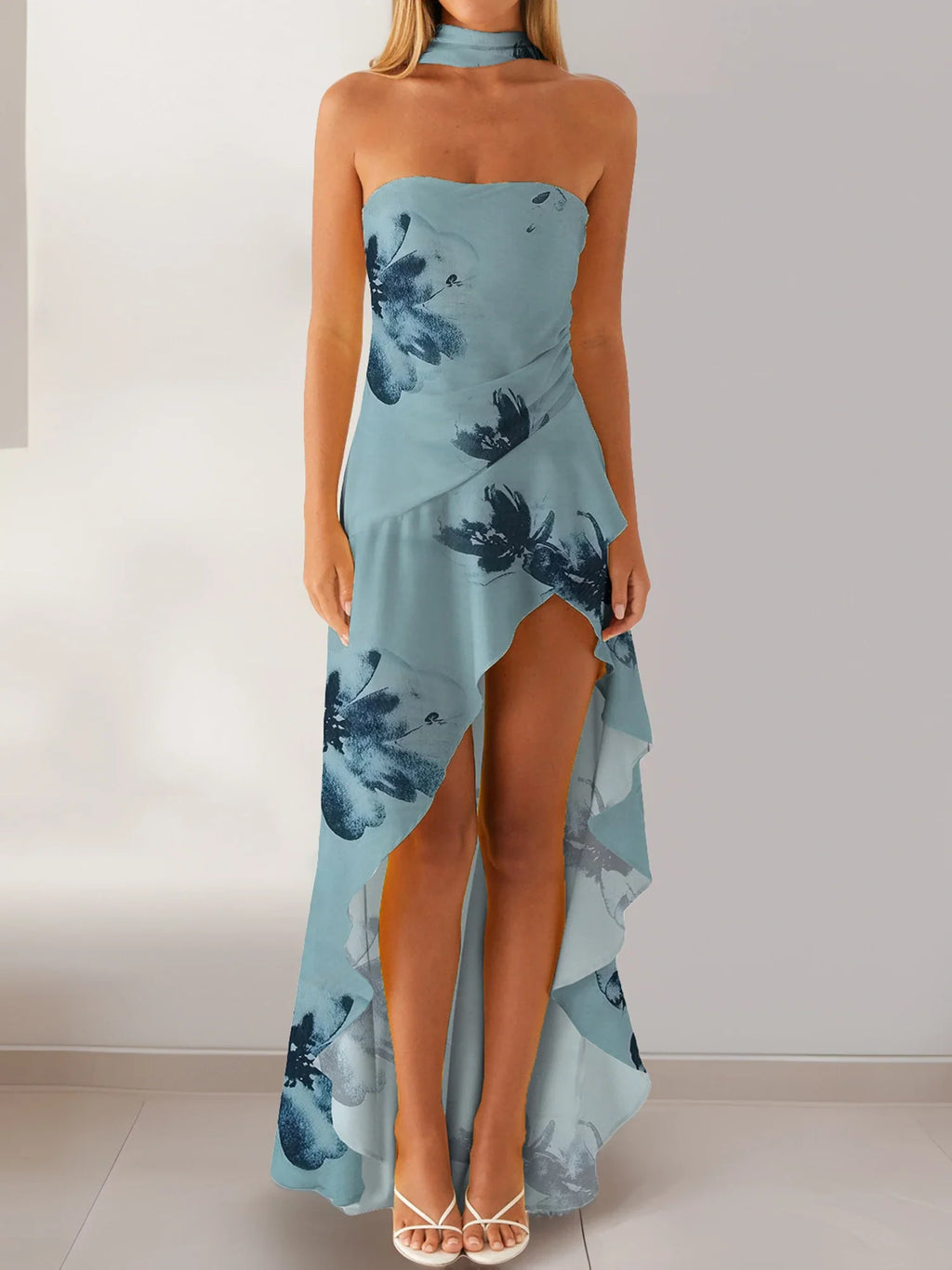 Women Summer Casual Tube Dress Fashion Solid Color/Floral Print High Low Ruffles Long Dresses with Scarf