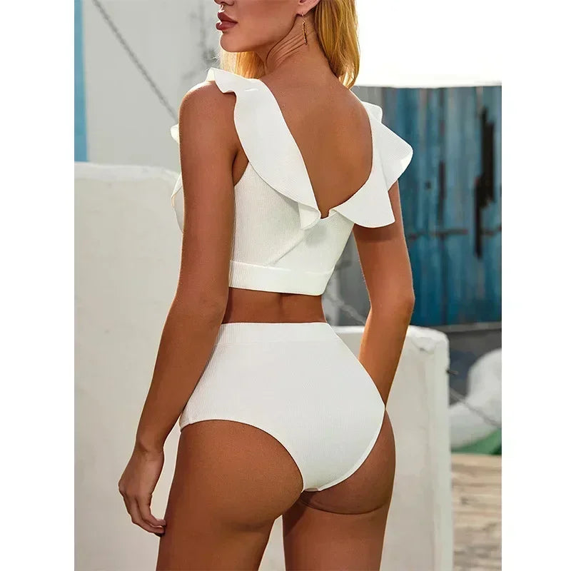 2026 New Sexy Bikini Women White Swimwear Swimsuit Ruffle V-neck Metal Buckle High Waist Beach Bikinis Set Bathing Suit Push Up