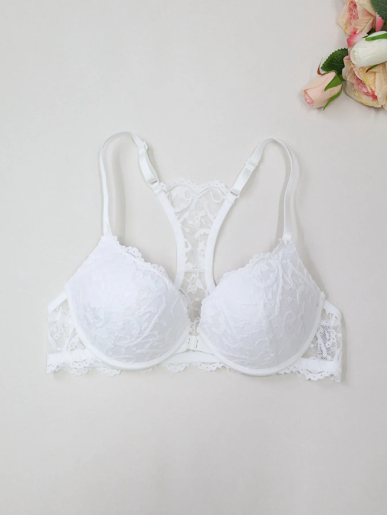 Elegant Sexy Women's Floral Lace Bra Racerback Scalloped Trim Push Up Bralette Comfortable Front Closure Lingerie Top