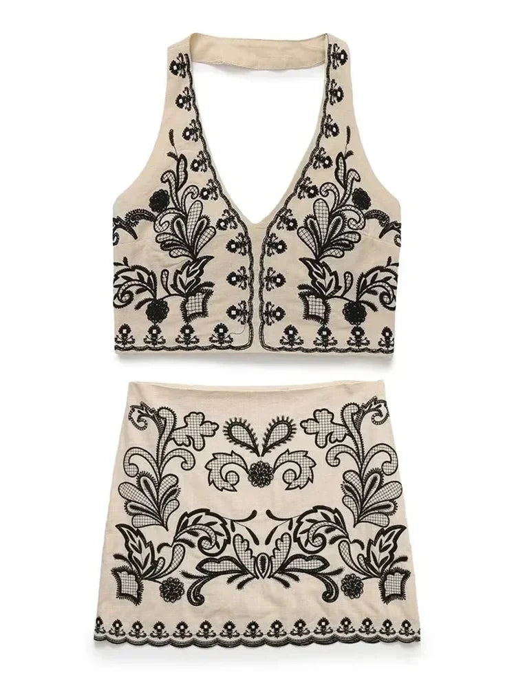 Foridol Floral Embroidery Summer Women Set Crop Top+mini Skirt Matching Set Casual Chic Halter Dress Set 2 Pcs Outfits Beach