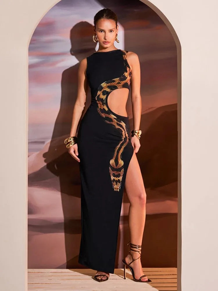 Snake Print Cut Out Slim Long Dress Women Fashion Sexy Package Hip Bodycon Slit Sleeveless Dresses Club Party Vestidos 2025 New