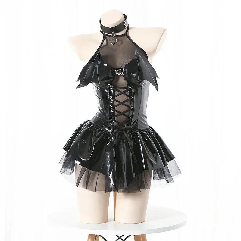 Bat Women Sexy Lingerie Devil Cosplay Costume Punk Y2k Gothic PU Leather Halter Neck Straps Bodysuit Short Mini Dress