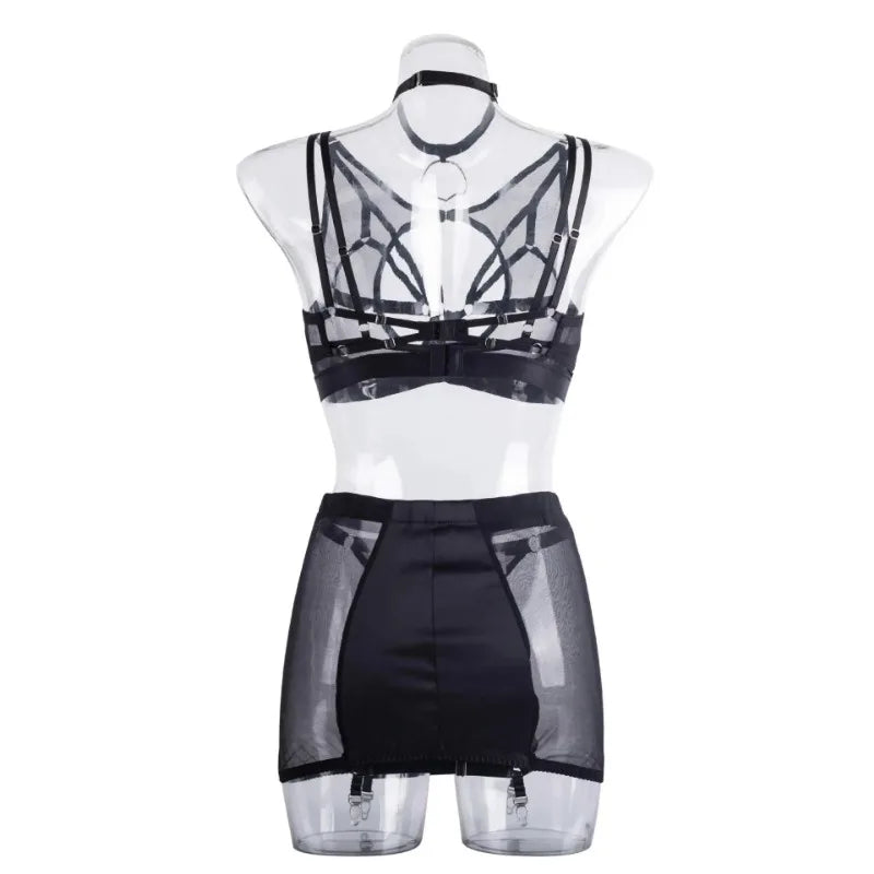 Toucheart 5-Pieces Erotic Lingerie Sexy Hip Skirt For Women Mesh Patchwork Hollow Out See-Through Lure Garters Underwear Suit