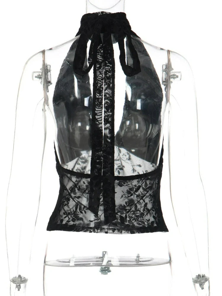 FDYOUI Woman Clothes Elegant Bandage Mesh Corset Tops 2026 Female Halter V-neck Lace-up Tank Top Black T-shirt Y2K Streetwear