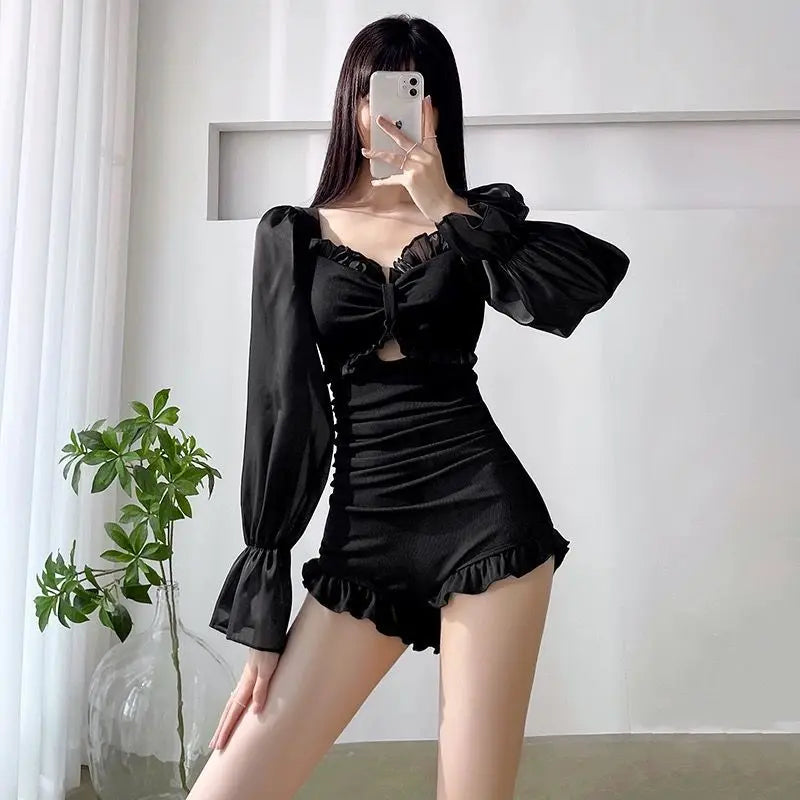 New long sleeved swimsuit for women slimming and conservative soaking in hot springs one-piece high-end sense swimsuit for women