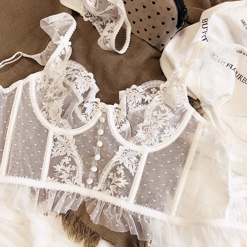French Sexy Lingerie Set Women Ultra Thin See Through Embroidery Lace Bra & Thong Push Up Underwear Shaping Camisole Set MOYISU