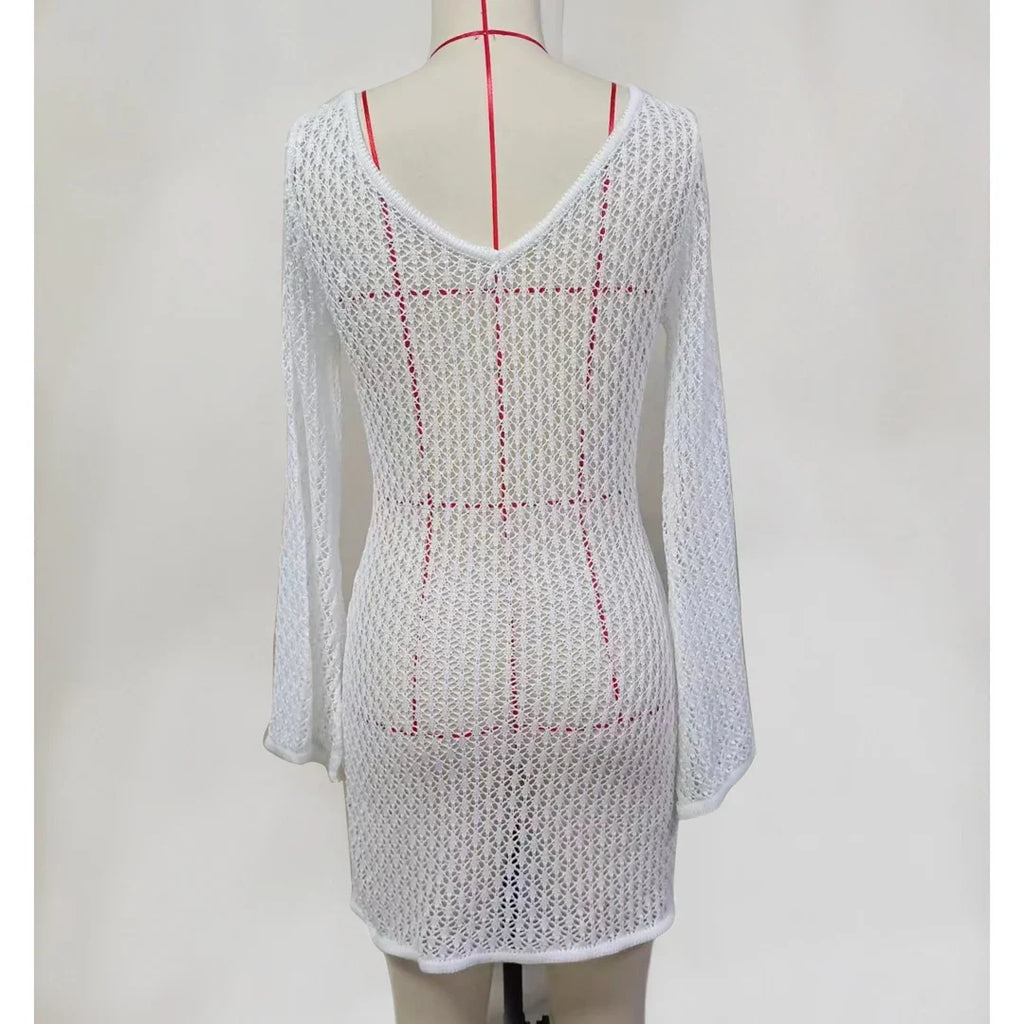 V Neck Long Sleeve Hollow Out Crochet Knitted Tunic Beach Cover Up Cover-ups Beach Dress Beach Wear Beachwear Female Women V6081