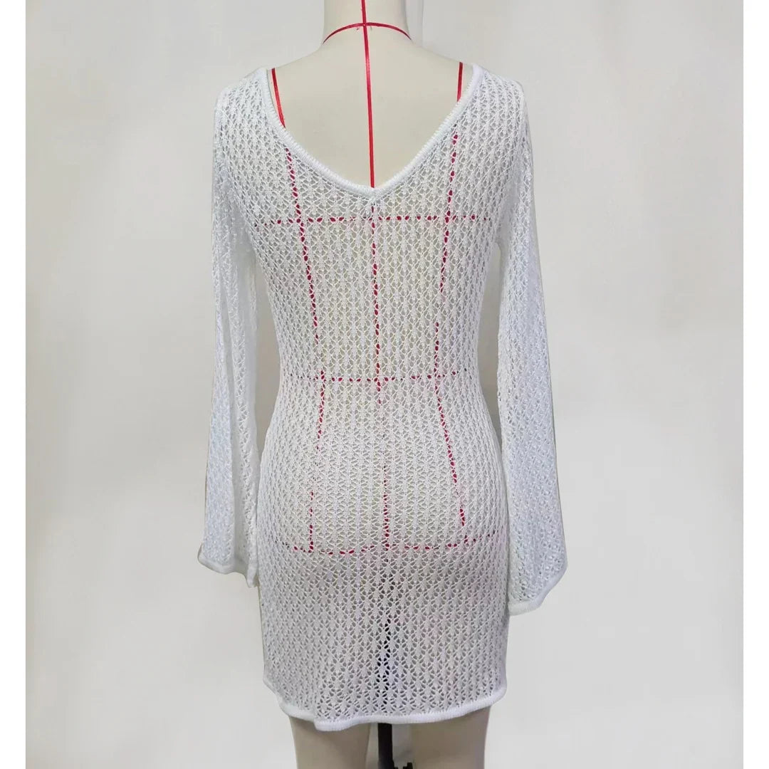 V Neck Long Sleeve Hollow Out Crochet Knitted Tunic Beach Cover Up Cover-ups Beach Dress Beach Wear Beachwear Female Women V6081