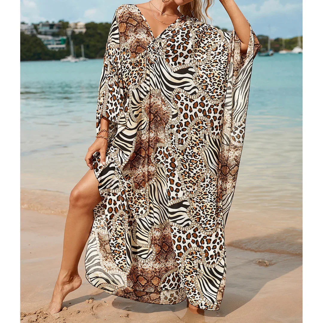 Sexy Zebra Printed V Neck Tunic Beach Cover Up Cover-ups Beach Dress Beach Wear Beachwear Beach Long Dress Female Women V4159